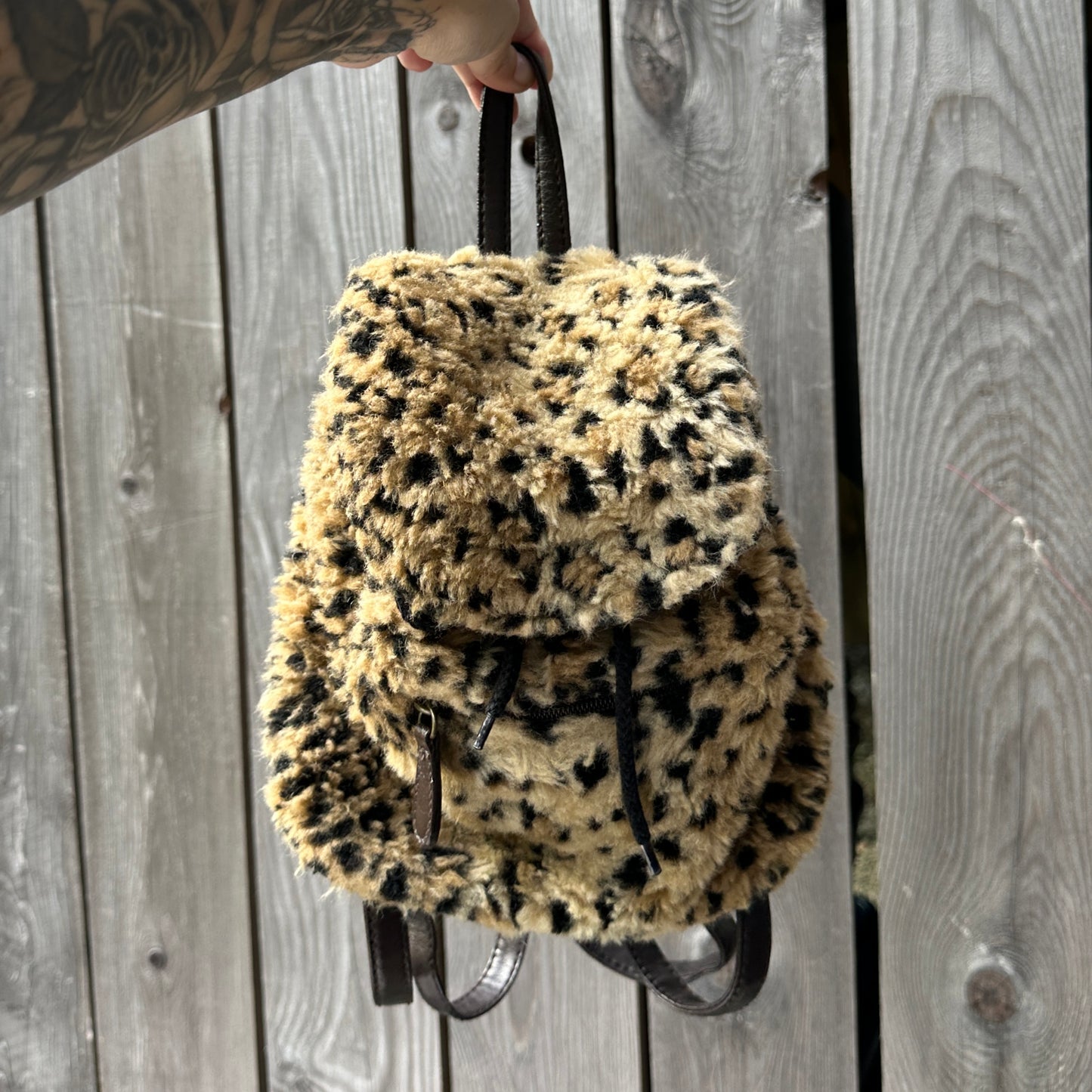 90s leopard print furry mini backpack