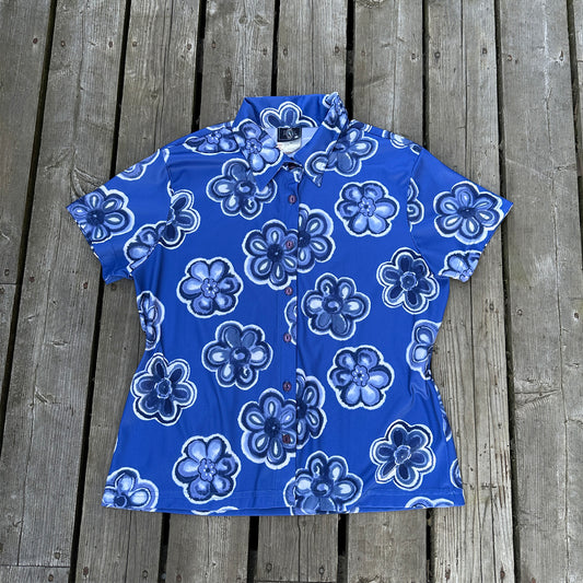 90s blue flower button down shirt (lg)