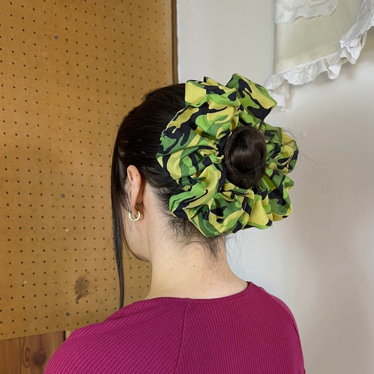 jumbo scrunchie lime green silky camo