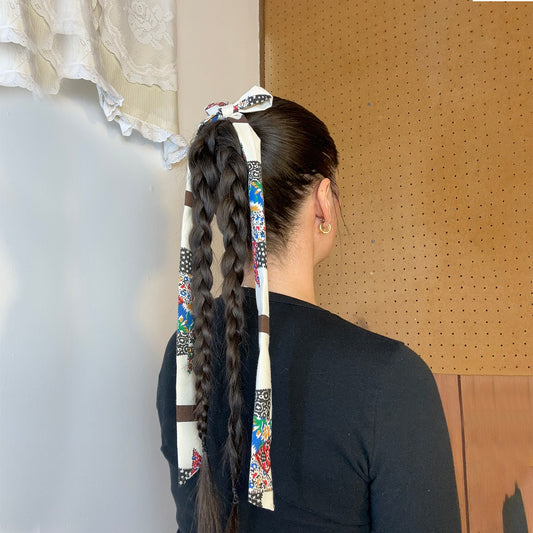 hair bow - cream and brown mosaic skinny