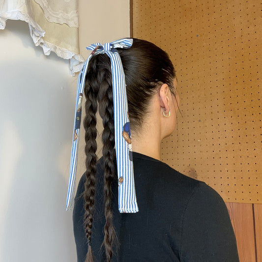 hair bow - blue stripe polo bear