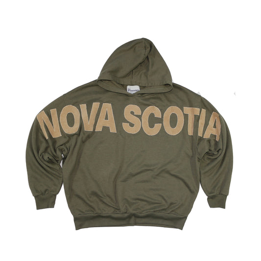 olive green nova scotia hoodie beige corduroy letterrs